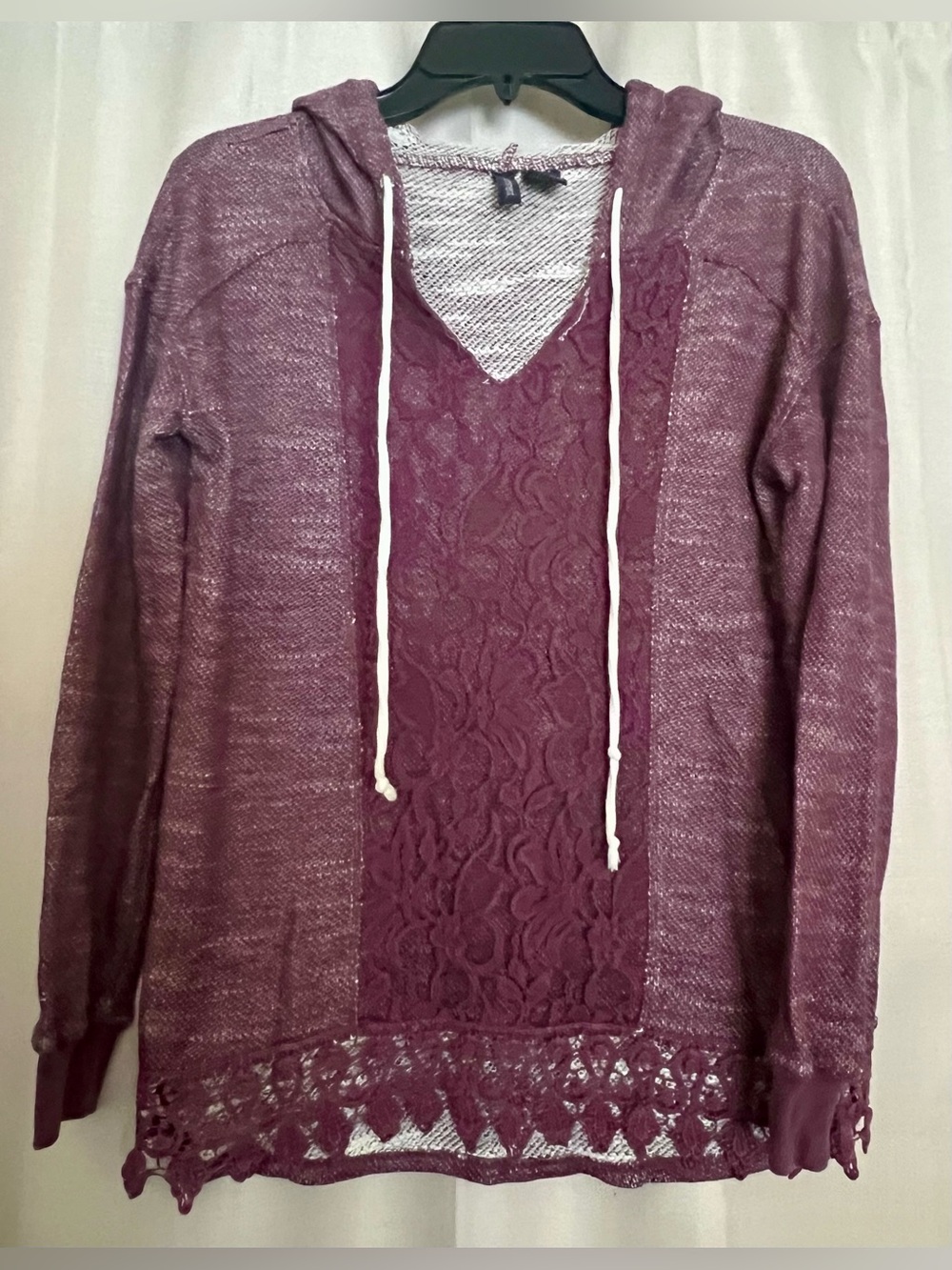 No Comment Lace Hoodie Women’s M Burgundy Boho Y2K Sheer Knit Top
